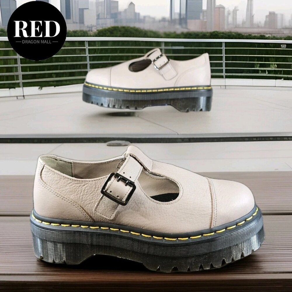 Dr Martens Bethan Pisa Leather Platform Mary Jane Shoes Taupe - Women's Size 10